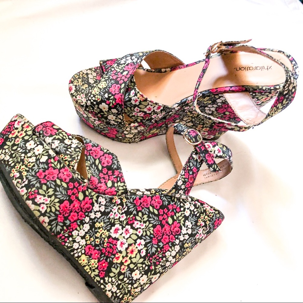 Black Floral Wedges